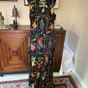 Anthropologie Botanical Motif Black Maxi Dress Spaghetti Straps NWT L